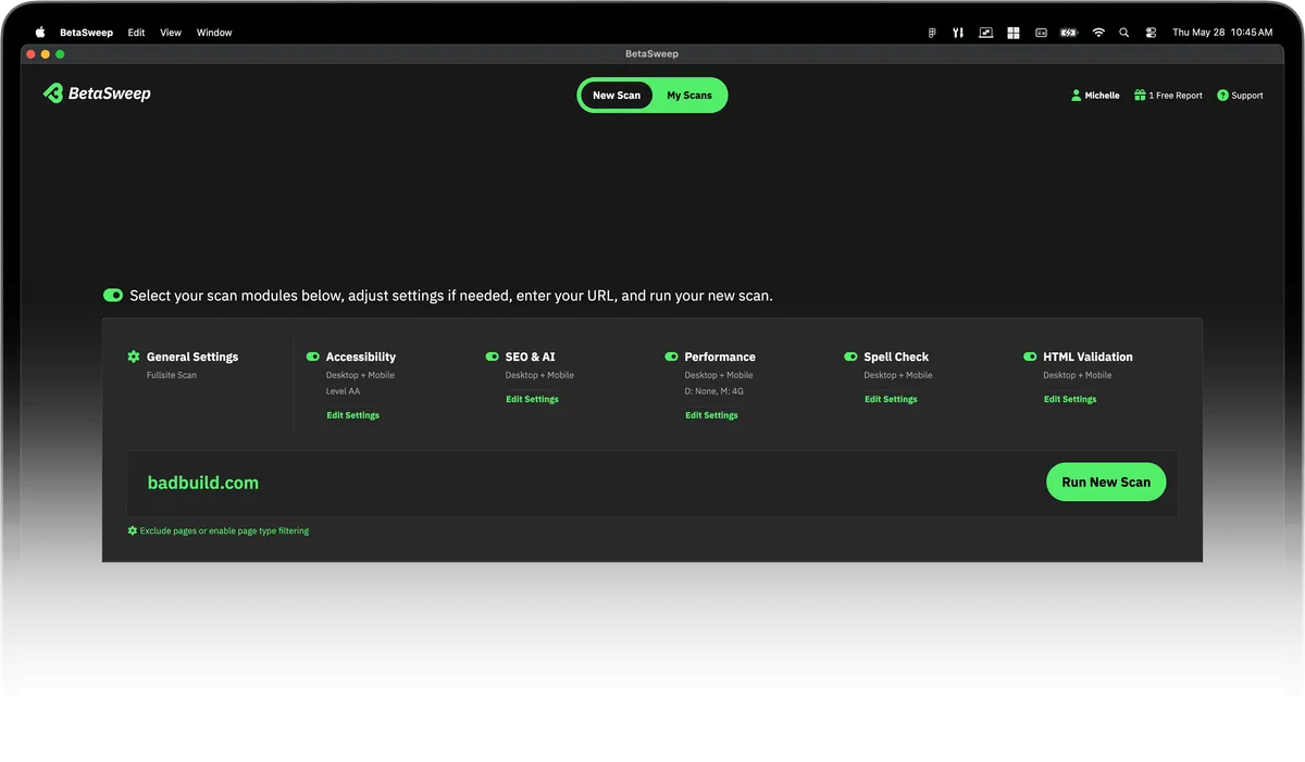 BetaSweep app showing the New Scan screen
