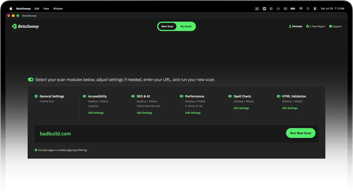 BetaSweep app showing the New Scan screen