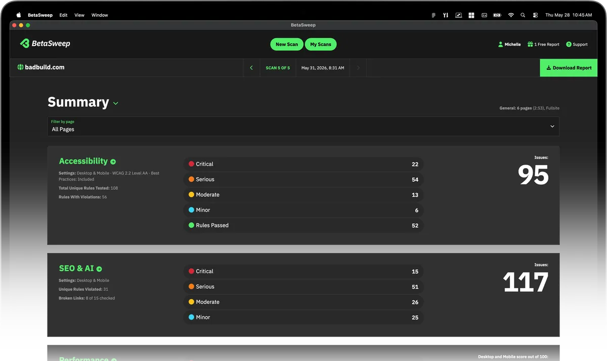 BetaSweep app showing a report summary