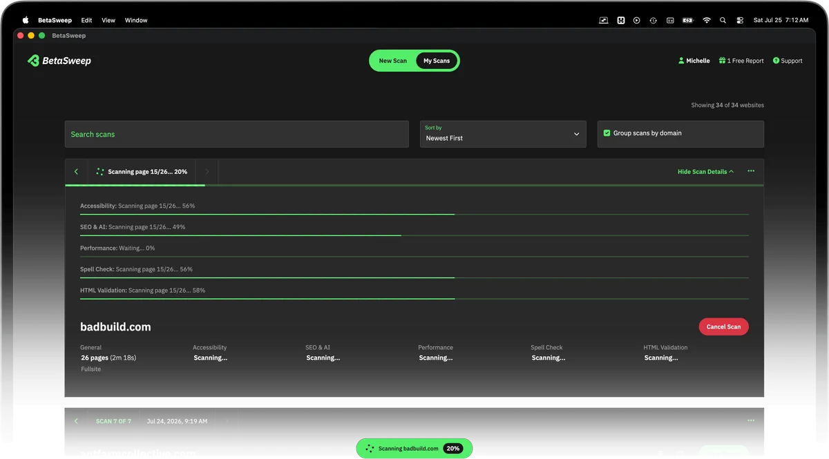 BetaSweep app showing the status of an active scan in progress