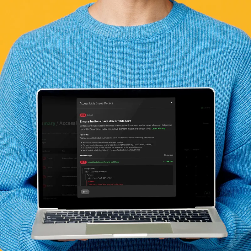 A young man in a sweater holding a laptop showing violation details from a BetaSweep scan