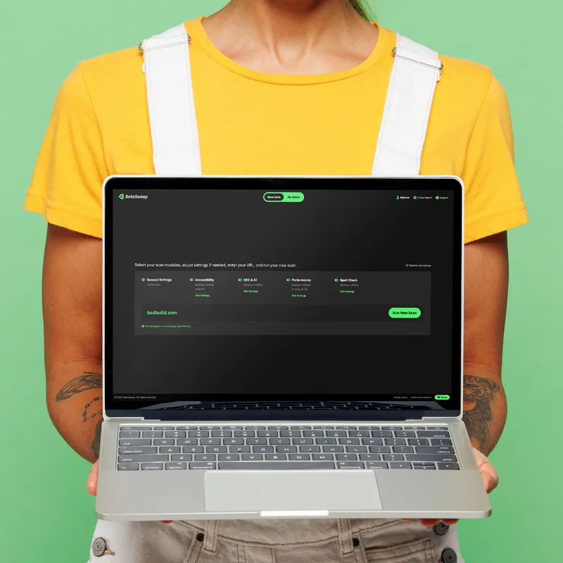 A woman holding a laptop showing the opening screen of the BetaSweep app